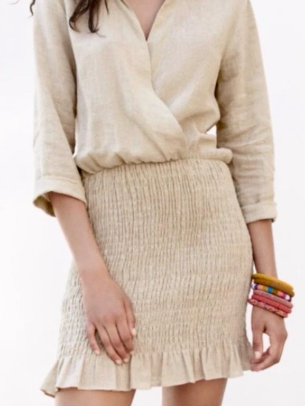 Zara Beige Smocked Ruffle Linen Dress